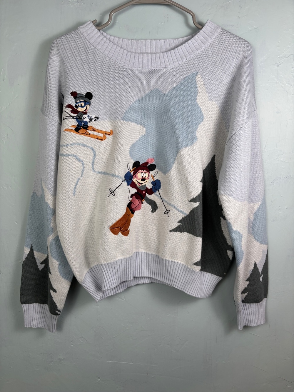 Disney Light Blue Ski Mickey, Minnie,Graphic Women's Holiday Winter Sweater